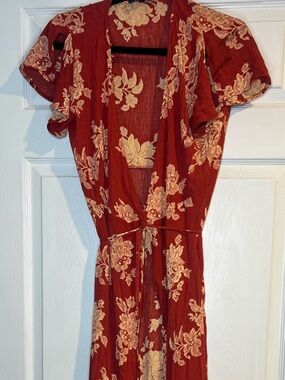 Lulu's Brick Red Floral Tie-Waist Maxi Dress